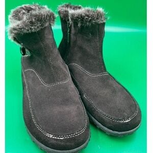 Gracie Ankle Boots Women 7.5 Black Suede Faux Fur Trim Toggle Side Zip Winter